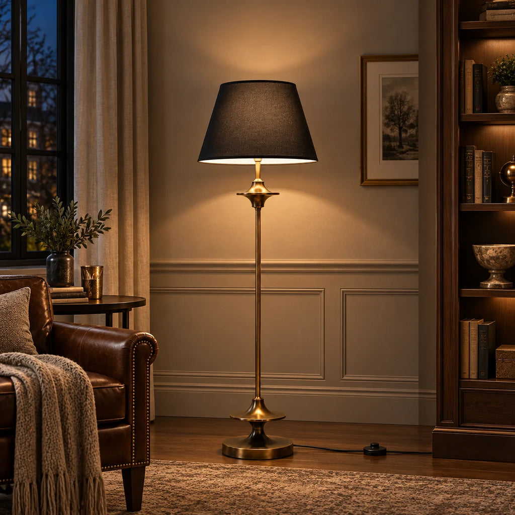 Vintage stof gulvlampe med konisk skærm i klassisk design 6