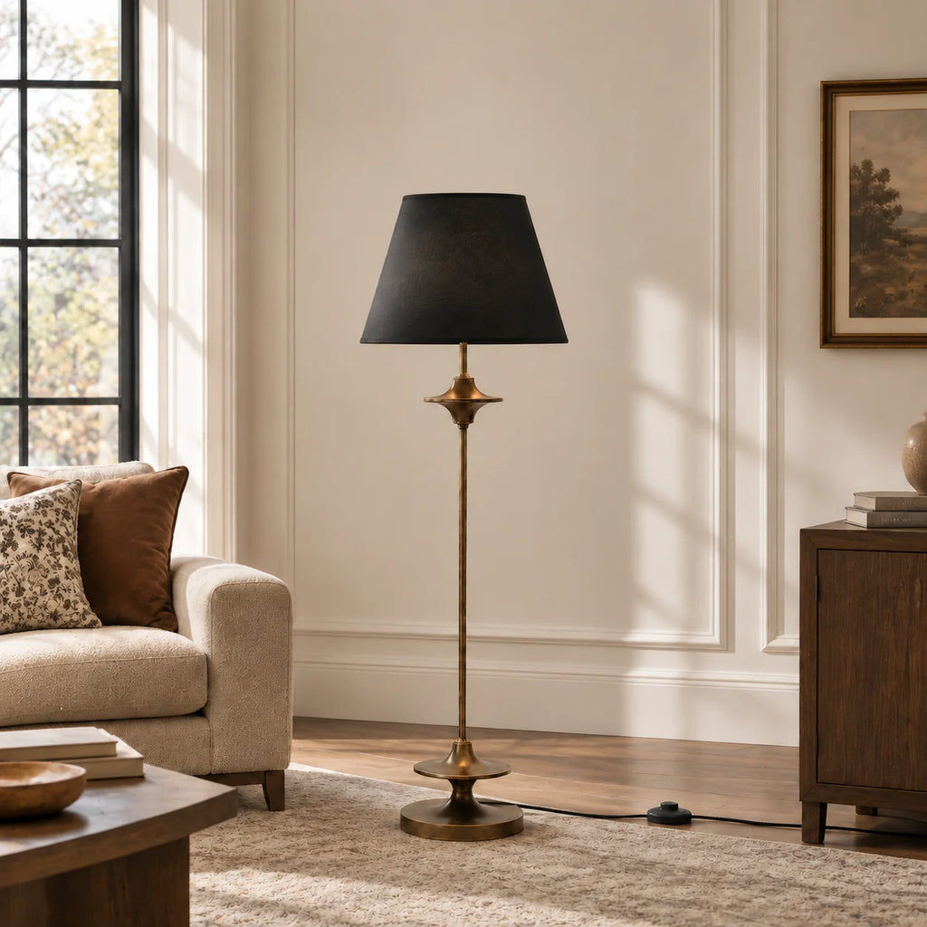 Vintage stof gulvlampe med konisk skærm i klassisk design 8