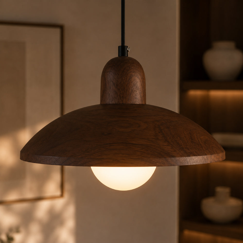Wabi-Sabi Pendel Lampe i Valnød - Minimalistisk Design med Ambient Belysning 0

