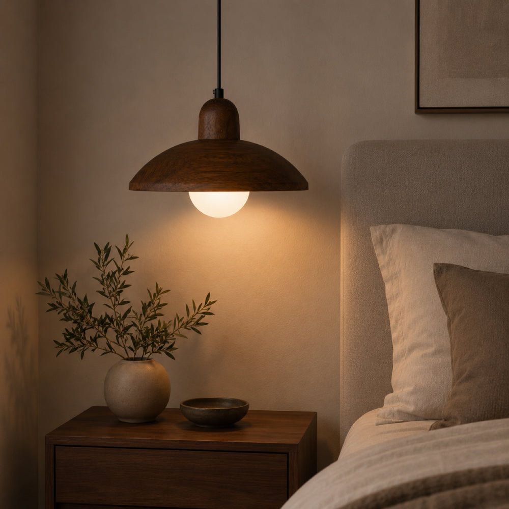 Wabi-Sabi Pendel Lampe i Valnød - Minimalistisk Design med Ambient Belysning 11