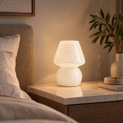 Bordlampe i Glas – Svampeformet Design med Blødt Omgivende Lys 0