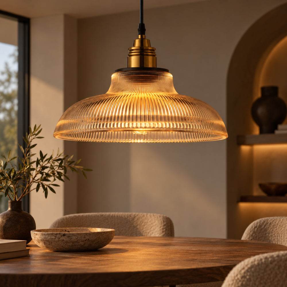 Glaspendel Spisebordslampe i Ribbet Glas – Elegant Design 0