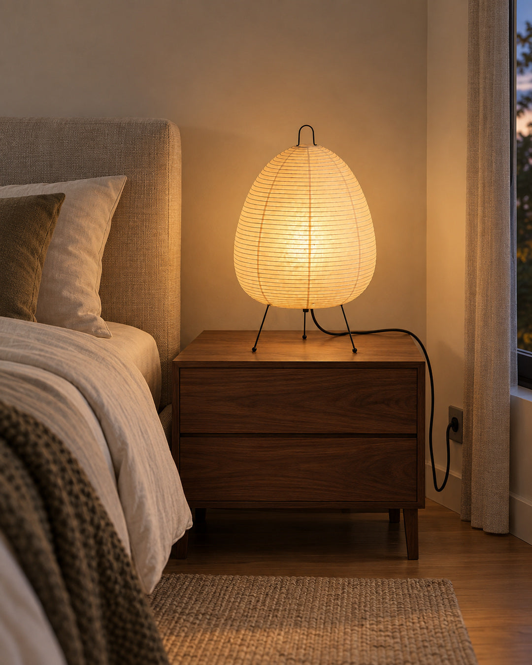 Japansk-inspireret bordlampe i papir på et natbord