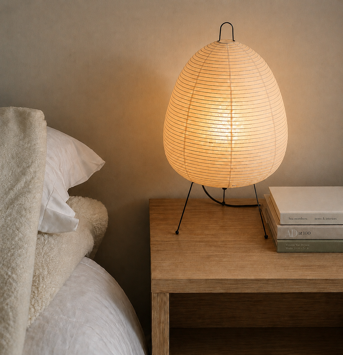Japansk-inspireret Bordlampe i Papir – Justerbar LED Belysning med Metalbase 1