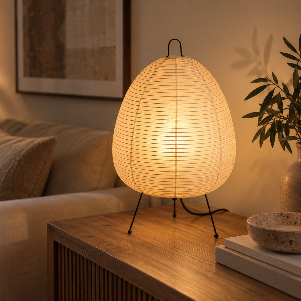 Japansk-inspireret Bordlampe i Papir – Justerbar LED Belysning med Metalbase 0
