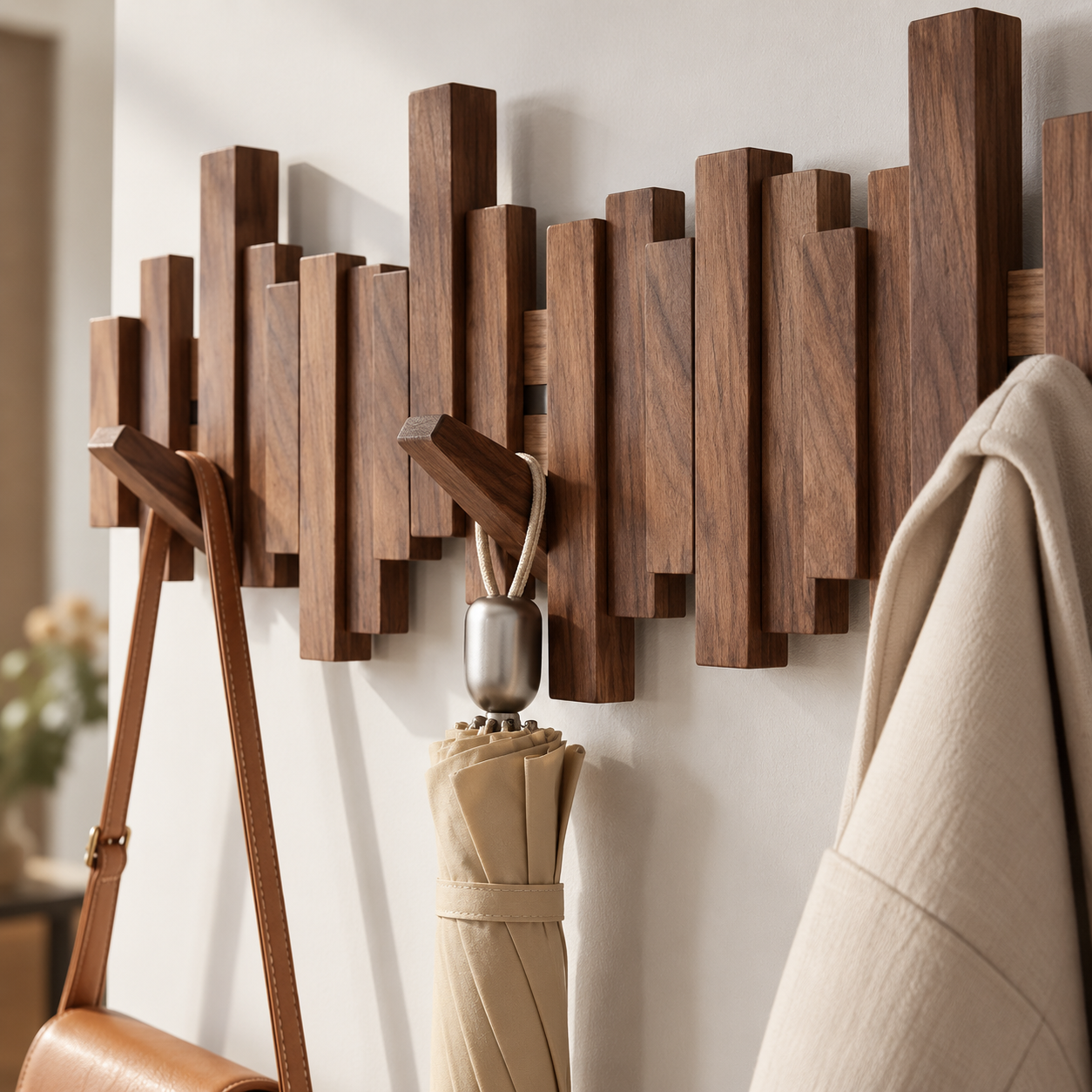Knagerække i massivt valnød- eller bøgetræ med foldbare kroge 0