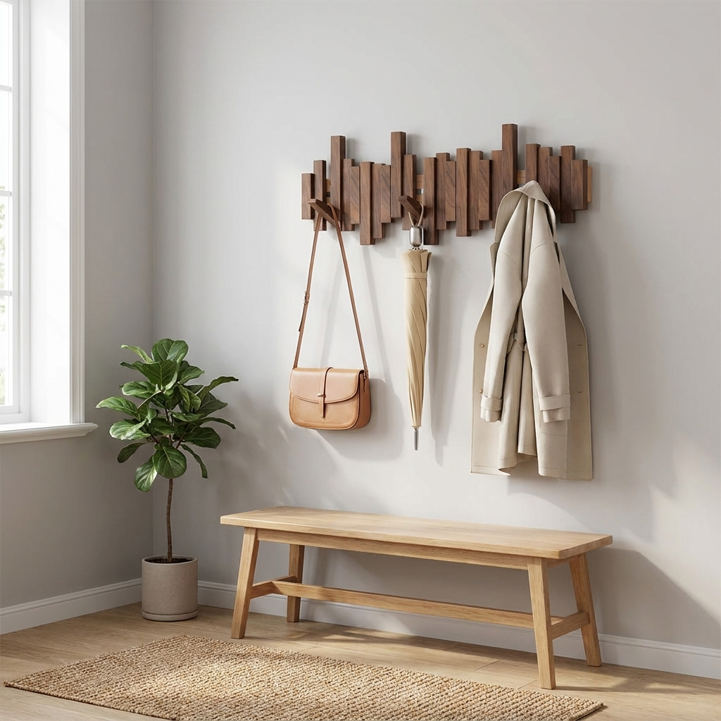Knagerække i massivt valnød- eller bøgetræ med foldbare kroge 1