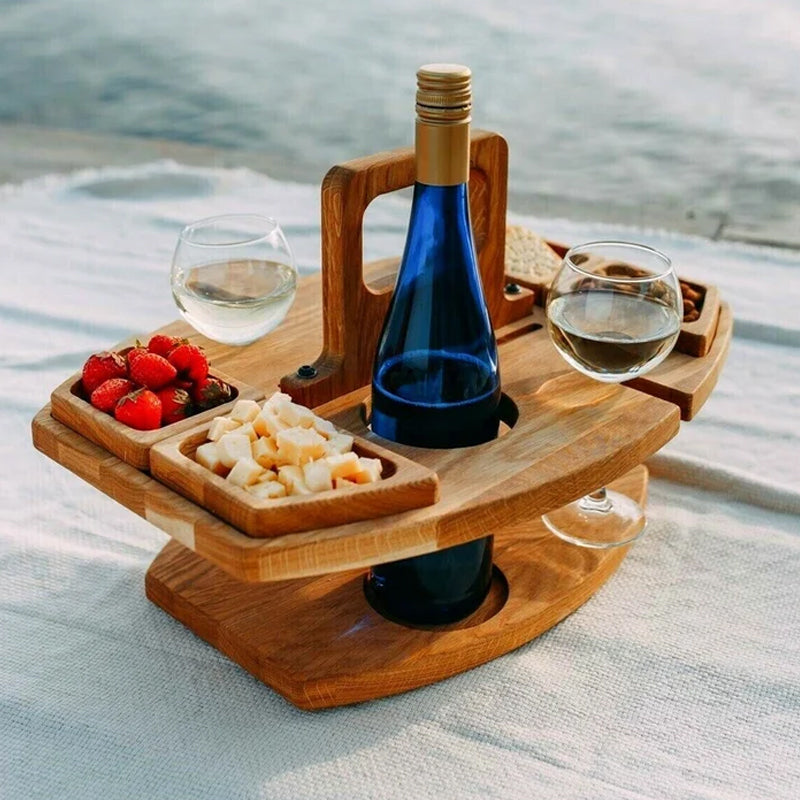 Picnicbakke i Træ til Vin og Snacks – Kompakt og Bærbar til Udendørs Brug 1