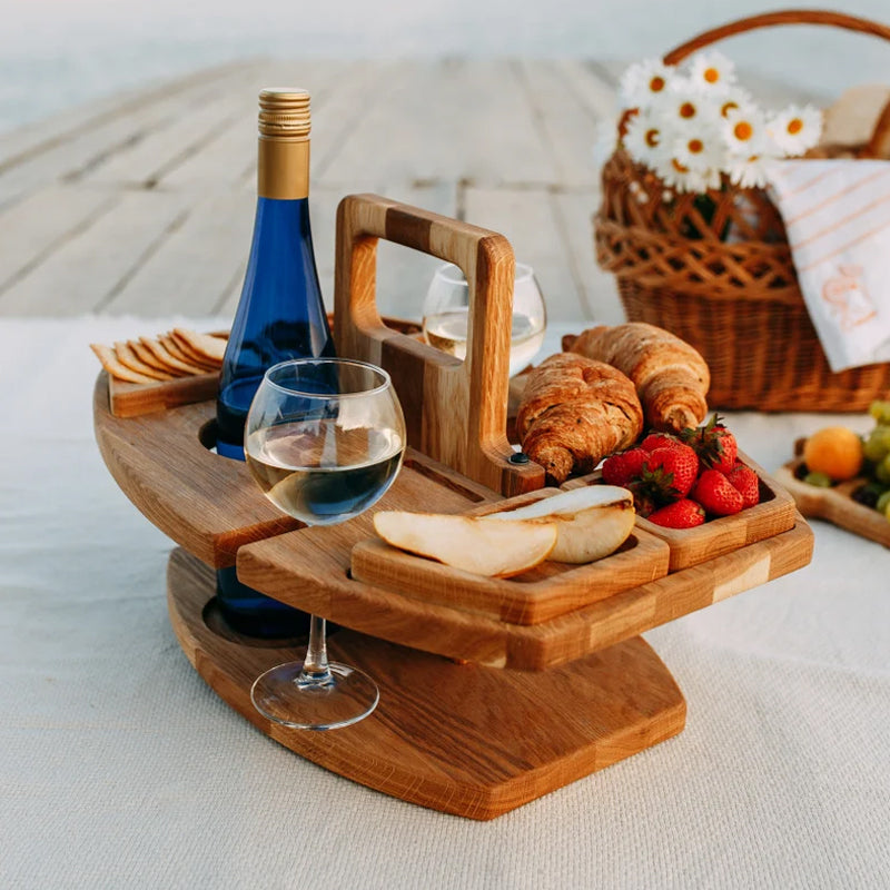 Picnicbakke i Træ til Vin og Snacks – Kompakt og Bærbar til Udendørs Brug 4