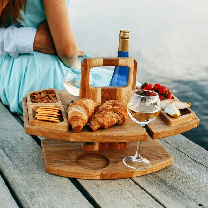 Picnicbakke i Træ til Vin og Snacks – Kompakt og Bærbar til Udendørs Brug 8