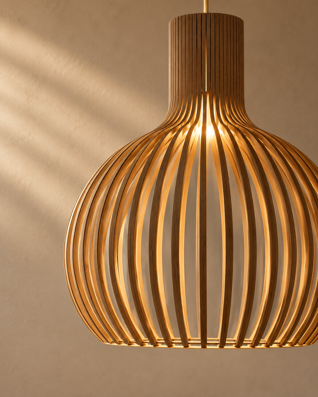 Skandinavisk Pendel Lampe i Træ – Lameldesign til Spisebord – nærbillede af materiale og lys