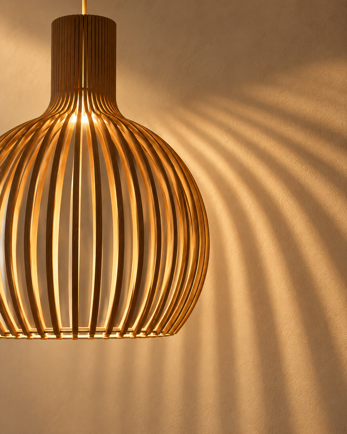 Skandinavisk Pendel Lampe i Træ – Lameldesign til Spisebord – vist i et minimalistisk interiør