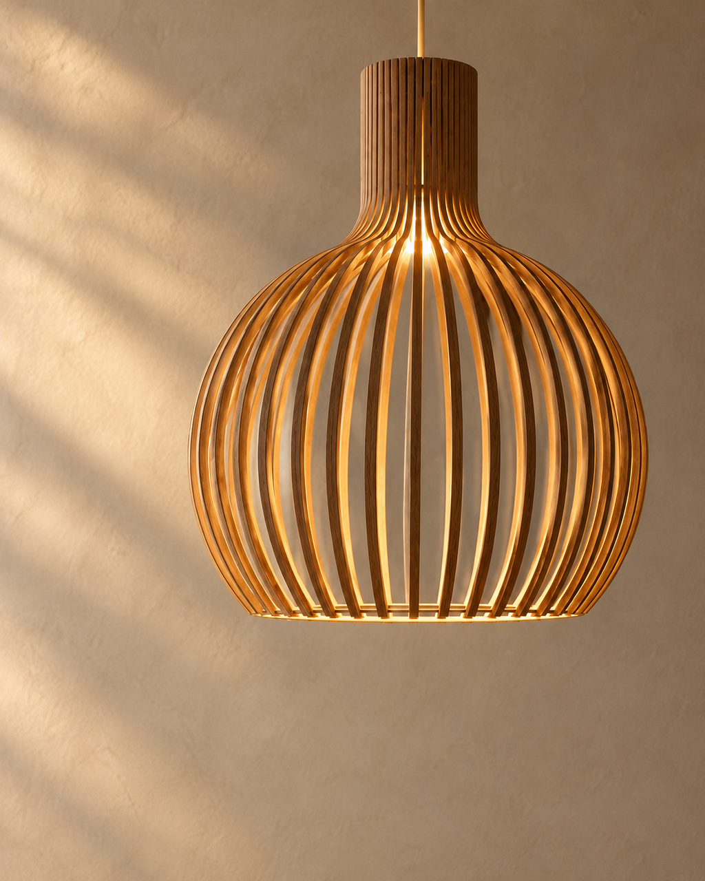 Skandinavisk Pendel Lampe i Træ – Lameldesign til Spisebord – flere lamper i en elegant indretning