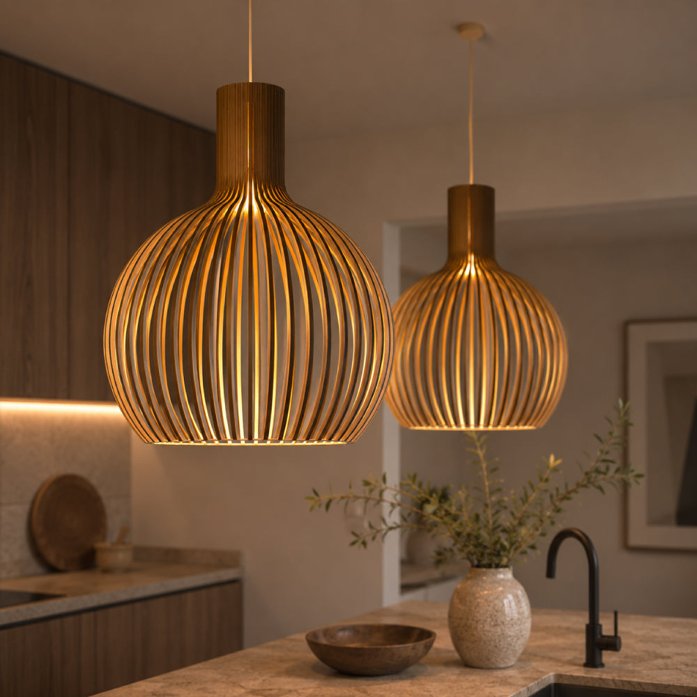 Skandinavisk Pendel Lampe i Træ – Lameldesign til Spisebord 0